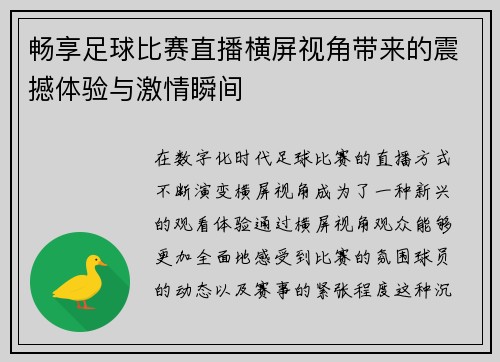 畅享足球比赛直播横屏视角带来的震撼体验与激情瞬间